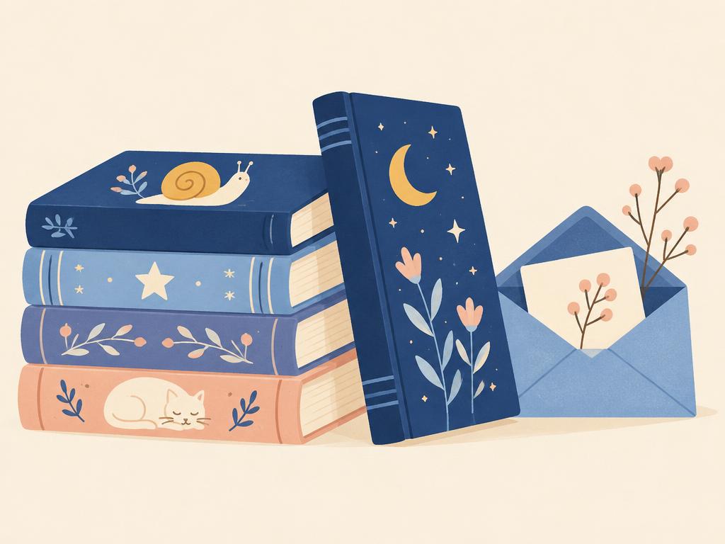 Ilustração de livros infantis empilhados com um envelope aberto